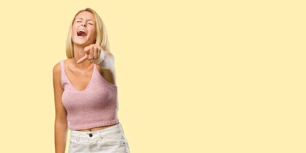 Portrait Young Pretty Blonde Woman Shouting Laughing Making Fun Another — Stock Photo, Image