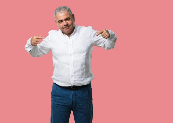 Middle Aged Man Proud Confident Pointing Fingers Example Follow Concept — Stock Photo, Image