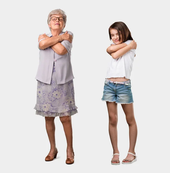 Full Body Elderly Lady Her Granddaughter Proud Confident Pointing Fingers — Stock Photo, Image