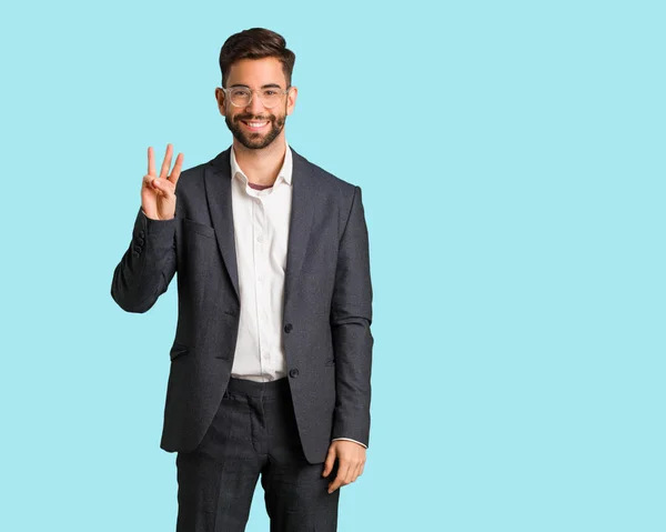 Young Handsome Business Man Showing Number Three — Stock Photo, Image