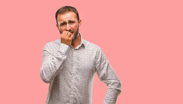 Caucasian Man Grey Brackground Biting Nails Nervous Very Anxious — Stock Photo, Image