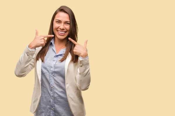 Caucasian Business Young Woman Smiles Pointing Mouth — Stock Photo, Image