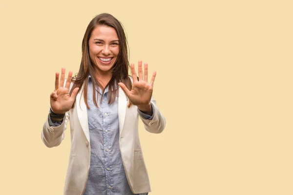 Caucasian Business Young Woman Showing Number Nine — Stock Photo, Image