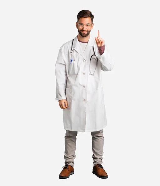 Young Doctor Man Showing Number One — Stock Photo, Image