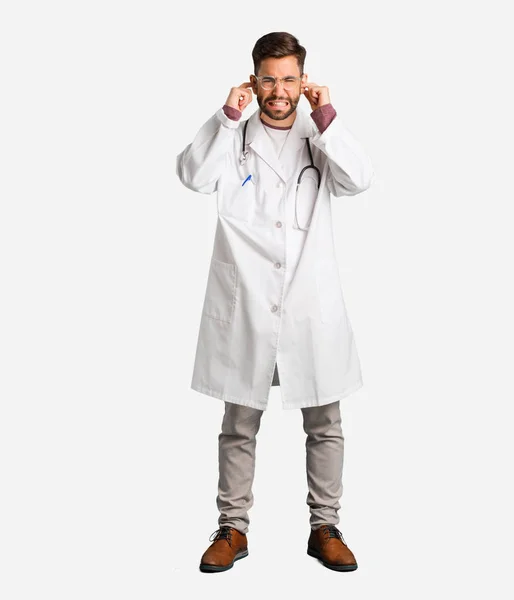 Young Doctor Man Covering Ears Hands — Stock Photo, Image