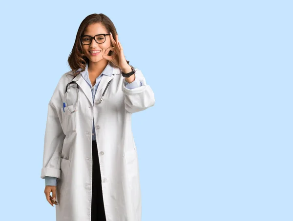 Full Body Young Doctor Woman Cheerful Confident Doing Gesture — Stock Photo, Image