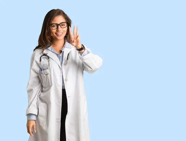 Full Body Young Doctor Woman Showing Number Three — Stock Photo, Image