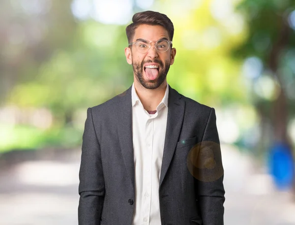 Jonge Knappe Business Man Funnny Vriendelijke Weergegeven Tong — Stockfoto