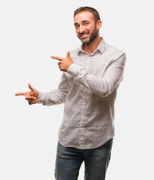 Caucasian Man Grey Brackground Pointing Side Finger — Stock Photo, Image