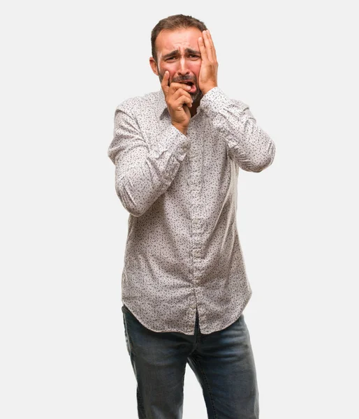 Homme Caucasien Sur Fond Gris Désespéré Triste — Photo