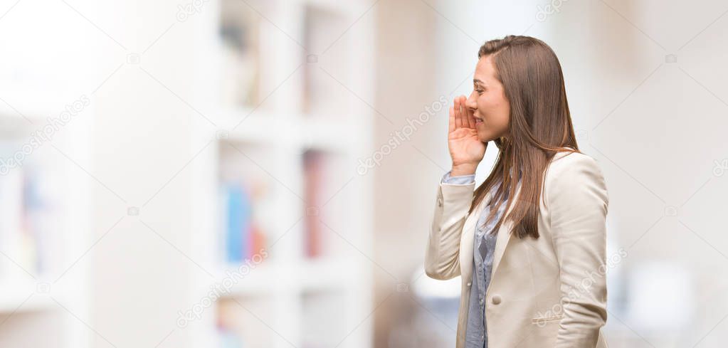 Caucasian business young woman whispering gossip undertone