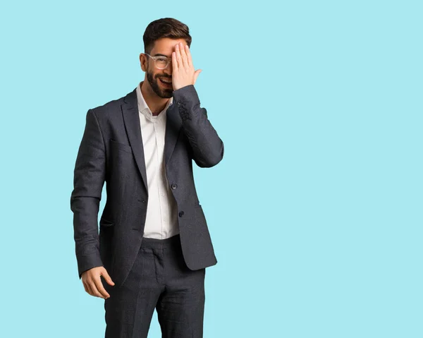 Young Handsome Business Man Shouting Happy Covering Face Hand — Stock Photo, Image