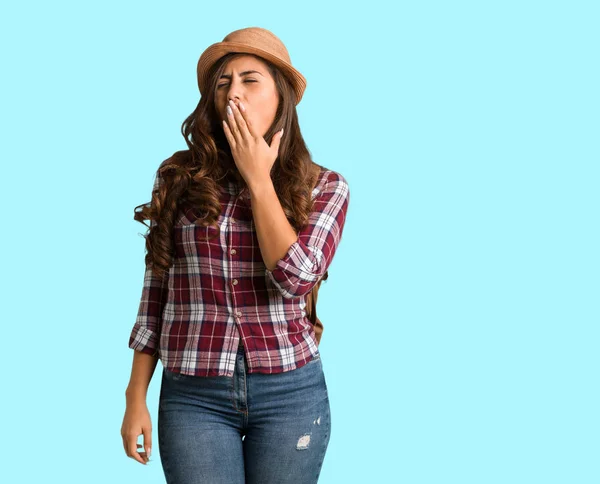 Full Body Young Traveler Curvy Woman Tired Very Sleepy — Stock Photo, Image