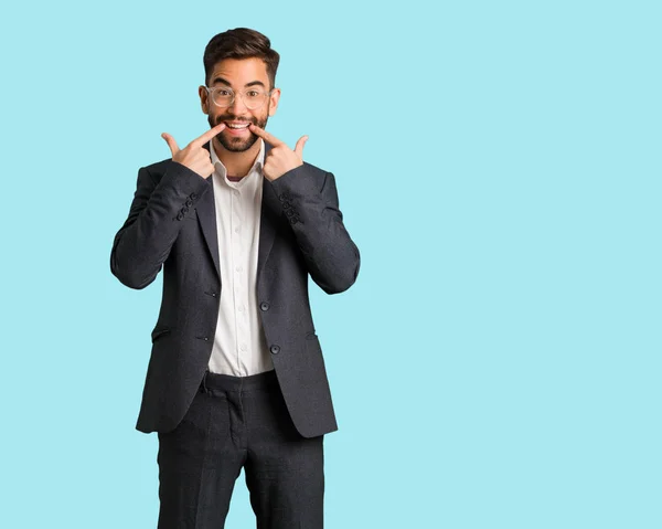 Young Handsome Business Man Smiles Pointing Mouth — Stock Photo, Image