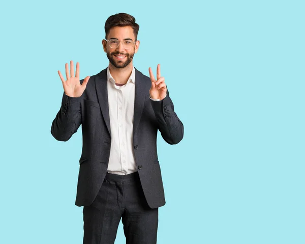 Young Handsome Business Man Showing Number Seven — Stock Photo, Image