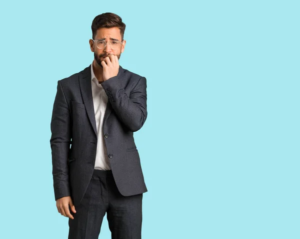 Young Handsome Business Man Biting Nails Nervous Very Anxious — Stock Photo, Image