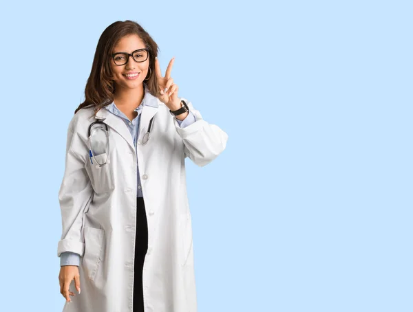 Full Body Young Doctor Woman Showing Number Two — Stock Photo, Image