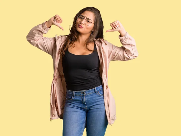 Full Body Young Curvy Woman Pointing Fingers Example Follow — Stock Photo, Image