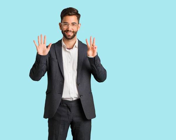 Young Handsome Business Man Showing Number Eight — Stock Photo, Image