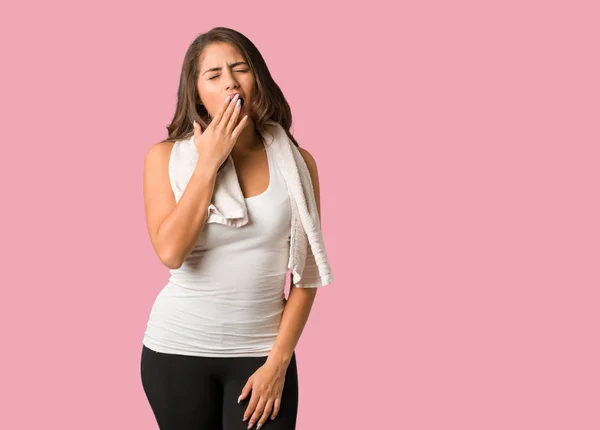 Full Body Young Fitness Curvy Woman Tired Very Sleepy — Stock Photo, Image