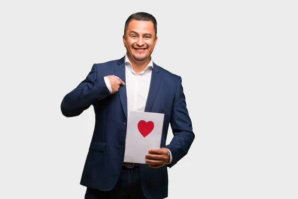 Middle Aged Latin Man Celebrating Valentines Day Surprised Feels Successful — Stock Photo, Image