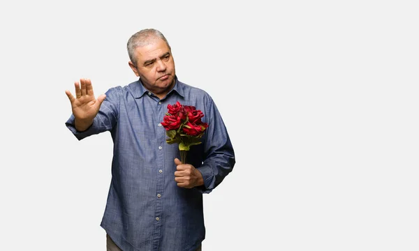 Middle Aged Man Celebrating Valentines Day Putting Hand Front — Stock Photo, Image