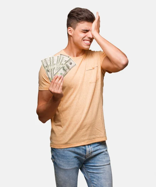 Young Man Holding Dollars Forgetful Realize Something — Stock Photo, Image