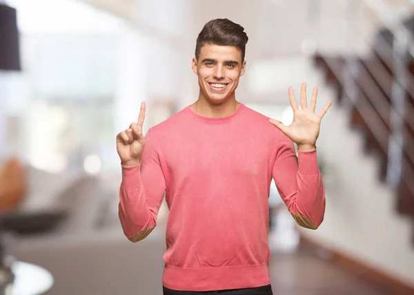 Young Funny Man Showing Number Six — Stock Photo, Image