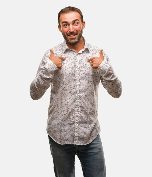 Caucasian Man Grey Brackground Surprised Feels Successful Prosperous — Stock Photo, Image