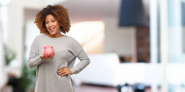 Young Black Woman Holding Piggy Bank Hands Hips — Stock Photo, Image