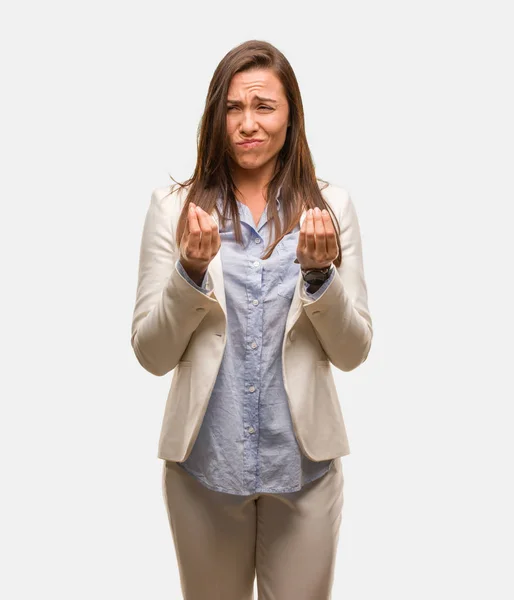 Mujer Joven Negocios Caucásica Haciendo Gesto Necesidad — Foto de Stock