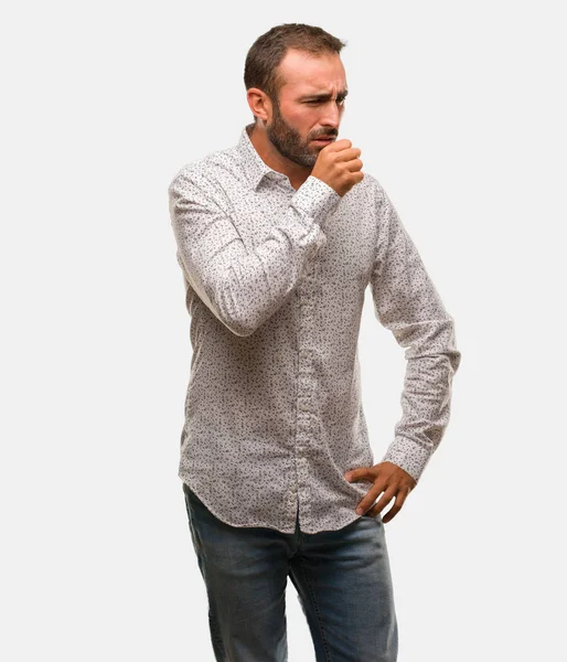 Caucasian Man Grey Brackground Coughing Sick Due Virus Infection — Stock Photo, Image