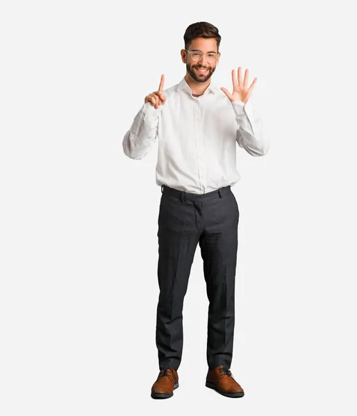 Young Handsome Business Man Showing Number Seven — Stock Photo, Image