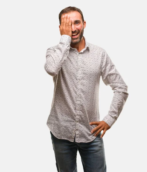 Caucasian Man Grey Brackground Shouting Happy Covering Face Hand — Stock Photo, Image