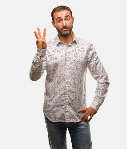 Caucasian Man Grey Brackground Showing Number Three — Stock Photo, Image