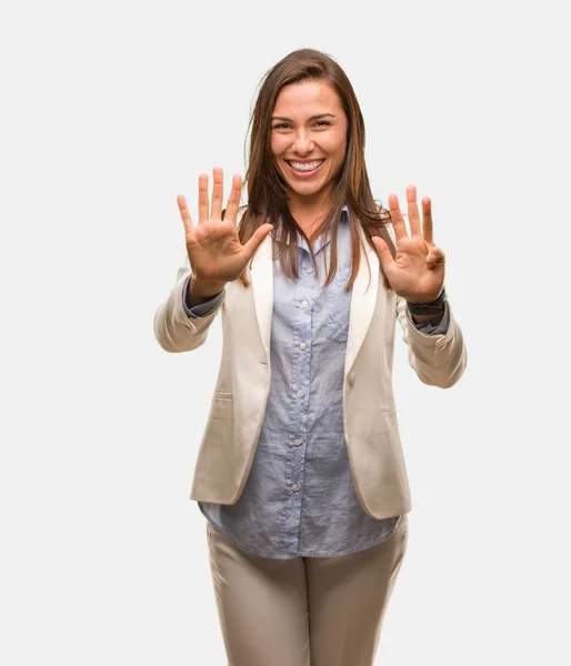 Caucásico Negocio Joven Mujer Mostrando Número Nueve — Foto de Stock