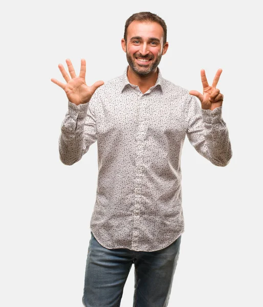 Caucasian Man Grey Brackground Showing Number Eight — Stock Photo, Image