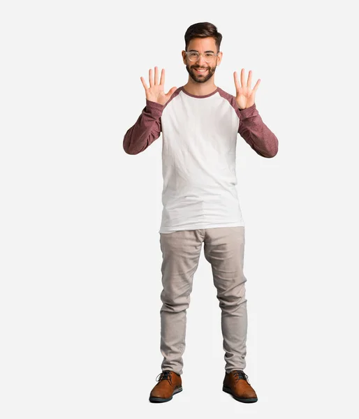 Joven Hombre Guapo Mostrando Número Nueve — Foto de Stock
