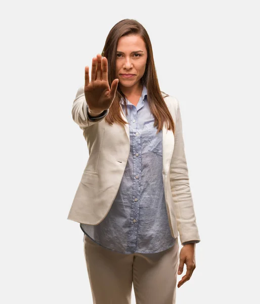 Caucasian Business Young Woman Putting Hand Front — Stock Photo, Image