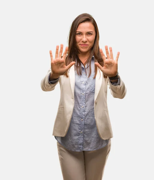 Caucasien Entreprise Jeune Femme Montrant Numéro Dix — Photo