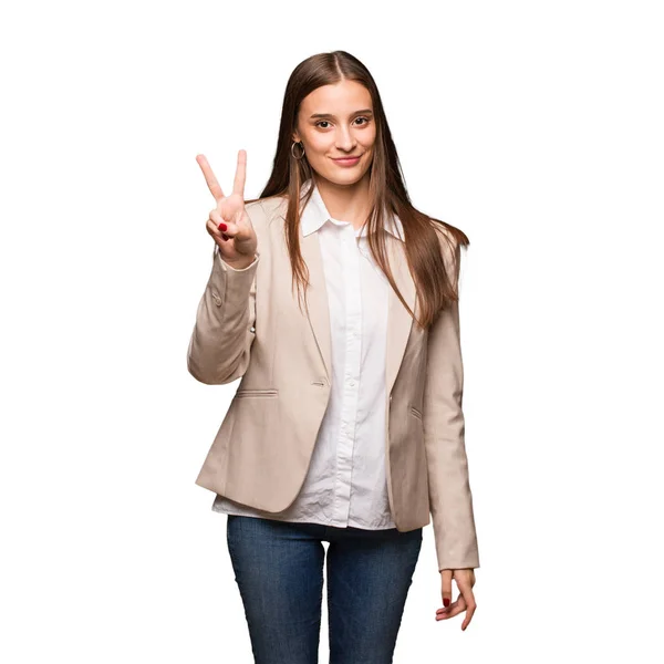 Young Caucasian Business Woman Showing Number Two — Stock Photo, Image