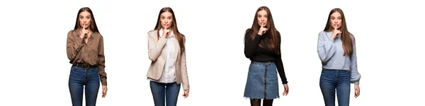 Collection Young Cute Woman Keeping Secret Asking Silence — Stock Photo, Image