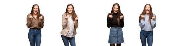 Samling Unga Söta Kvinnan Förvånade Och Chockade — Stockfoto