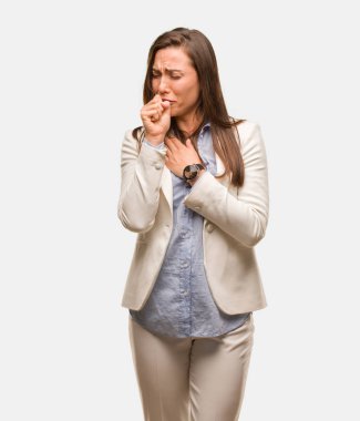 Beyaz iş genç kadın öksürük, bir virüs ya da enfeksiyon nedeniyle hasta