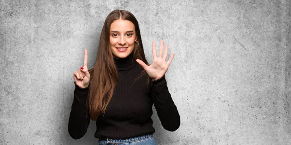 Young Cute Woman Showing Number Six — Stock Photo, Image