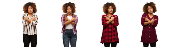 Coleção Jovem Mulher Negra Decidir Entre Duas Opções — Fotografia de Stock