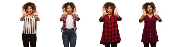 Collection Young Black Woman Showing Number Nine — Stock Photo, Image