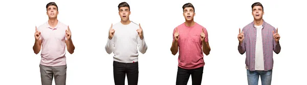 Collection Young Man Surprised Pointing Show Something — Stock Photo, Image