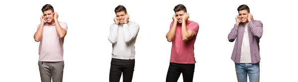 Sammlung Junger Männer Die Ohren Mit Händen Bedecken — Stockfoto