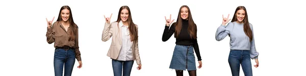 Coleção Jovem Mulher Bonito Fazendo Gesto Rock — Fotografia de Stock